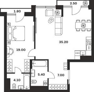 1-к квартира, вторичка, 75м2, 7/9 этаж