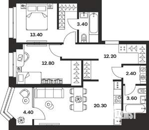 2-к квартира, строящийся дом, 73м2, 23/24 этаж