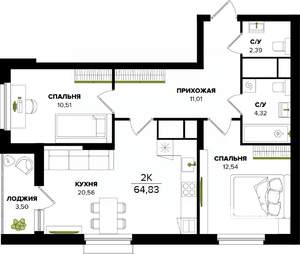 2-к квартира, вторичка, 65м2, 22/25 этаж