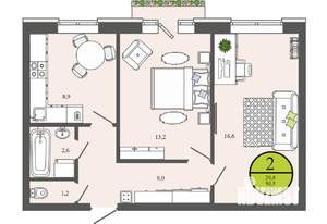 2-к квартира, строящийся дом, 51м2, 2/3 этаж