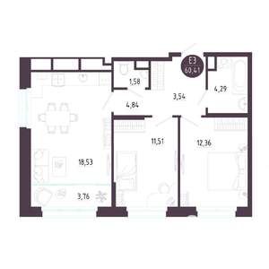 2-к квартира, строящийся дом, 60м2, 10/10 этаж