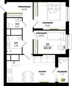 2-к квартира, вторичка, 61м2, 18/25 этаж