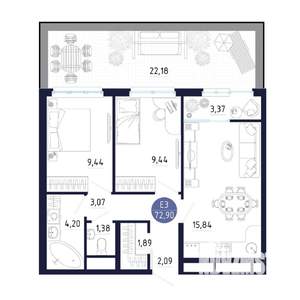 3-к квартира, строящийся дом, 73м2, 1/25 этаж
