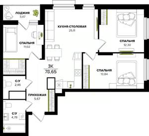 3-к квартира, вторичка, 79м2, 22/25 этаж
