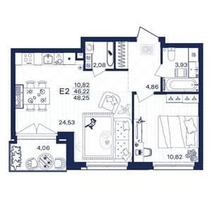 1-к квартира, строящийся дом, 48м2, 2/15 этаж