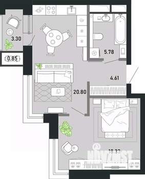 1-к квартира, вторичка, 54м2, 10/21 этаж