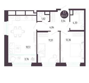 2-к квартира, вторичка, 60м2, 6/10 этаж