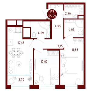 2-к квартира, вторичка, 56м2, 10/10 этаж