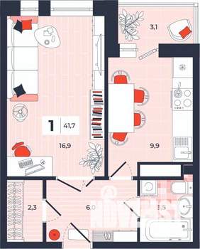1-к квартира, строящийся дом, 42м2, 3/14 этаж