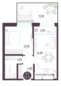 1-к квартира, вторичка, 53м2, 1/10 этаж