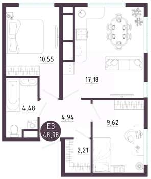 2-к квартира, вторичка, 49м2, 10/10 этаж