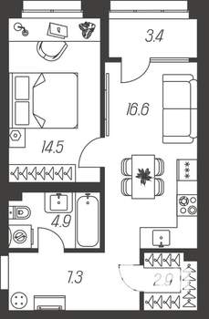 1-к квартира, строящийся дом, 50м2, 2/24 этаж