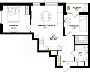 2-к квартира, вторичка, 63м2, 25/25 этаж