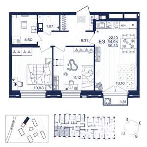2-к квартира, строящийся дом, 55м2, 2/15 этаж