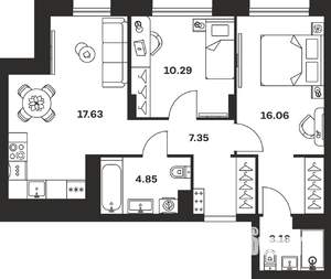 2-к квартира, вторичка, 59м2, 12/15 этаж