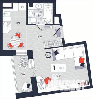 1-к квартира, строящийся дом, 35м2, 8/14 этаж