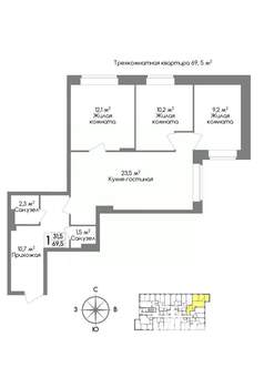 3-к квартира, вторичка, 70м2, 5/11 этаж