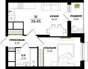 1-к квартира, строящийся дом, 39м2, 23/25 этаж