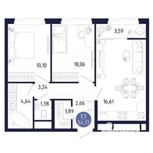 2-к квартира, строящийся дом, 54м2, 4/25 этаж