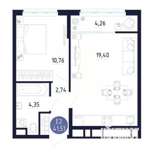 1-к квартира, строящийся дом, 42м2, 12/25 этаж