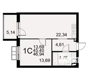 1-к квартира, строящийся дом, 45м2, 10/11 этаж