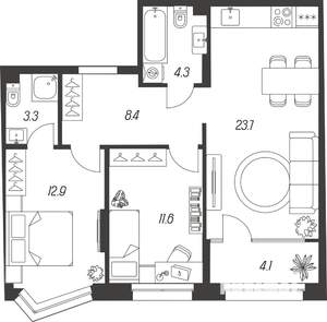 3-к квартира, строящийся дом, 68м2, 3/24 этаж
