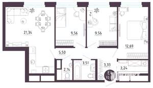 3-к квартира, вторичка, 71м2, 6/10 этаж