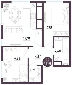2-к квартира, вторичка, 49м2, 10/10 этаж