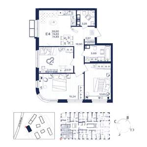 3-к квартира, строящийся дом, 75м2, 7/15 этаж