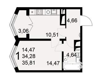 1-к квартира, строящийся дом, 34м2, 24/25 этаж