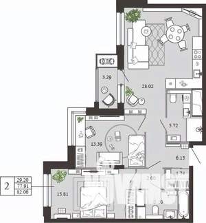 2-к квартира, вторичка, 82м2, 4/21 этаж