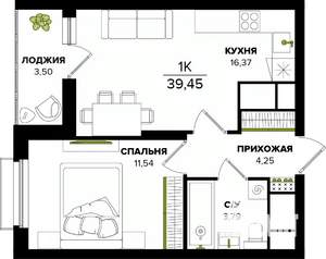 1-к квартира, строящийся дом, 39м2, 22/25 этаж
