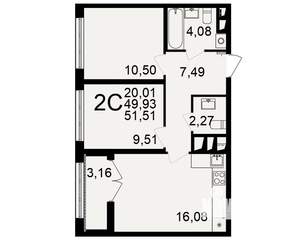 2-к квартира, строящийся дом, 50м2, 14/18 этаж