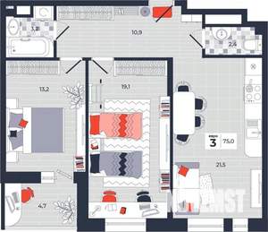 3-к квартира, строящийся дом, 75м2, 8/14 этаж