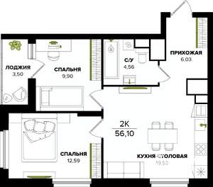 2-к квартира, строящийся дом, 56м2, 23/25 этаж