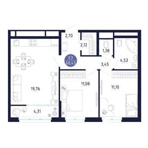 2-к квартира, строящийся дом, 60м2, 20/25 этаж