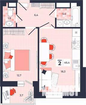 2-к квартира, вторичка, 46м2, 13/14 этаж