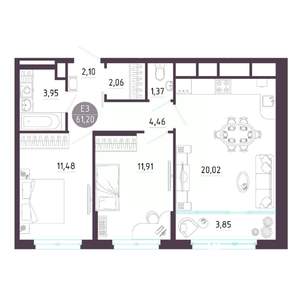 2-к квартира, строящийся дом, 61м2, 4/10 этаж