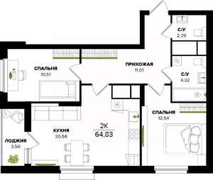 2-к квартира, вторичка, 65м2, 15/25 этаж