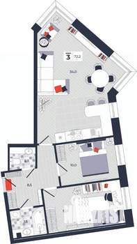 3-к квартира, строящийся дом, 72м2, 3/14 этаж