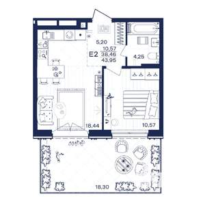 1-к квартира, строящийся дом, 44м2, 1/15 этаж