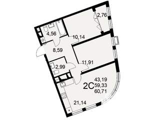 2-к квартира, строящийся дом, 61м2, 16/16 этаж