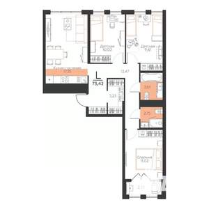 3-к квартира, строящийся дом, 73м2, 5/5 этаж