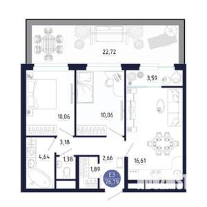 3-к квартира, строящийся дом, 77м2, 1/25 этаж