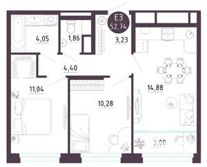 2-к квартира, вторичка, 53м2, 6/10 этаж