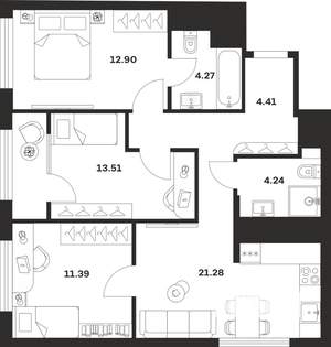 3-к квартира, строящийся дом, 72м2, 20/25 этаж
