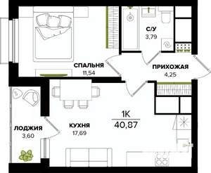 1-к квартира, строящийся дом, 41м2, 23/25 этаж