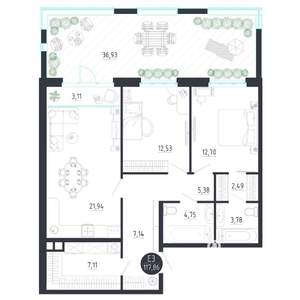 2-к квартира, строящийся дом, 118м2, 1/8 этаж