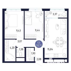 1-к квартира, строящийся дом, 51м2, 6/25 этаж