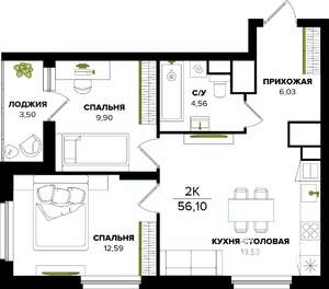 2-к квартира, строящийся дом, 56м2, 6/25 этаж